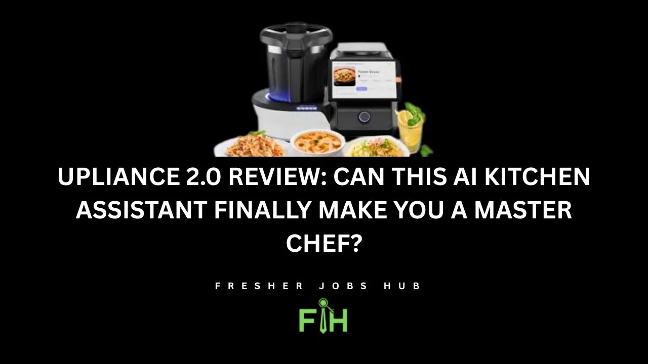 Close-up of the Upliance 2.0 kitchen assistant, showing its digital screen and stainless steel cooking jar on a countertop.